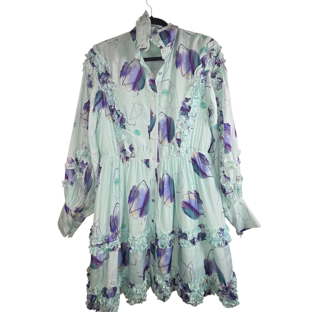 Elliatt "FOND" Ruffle Tiered Mini Dress Mint Watercolor Print Long Sleeve Size L - Picture 3 of 12